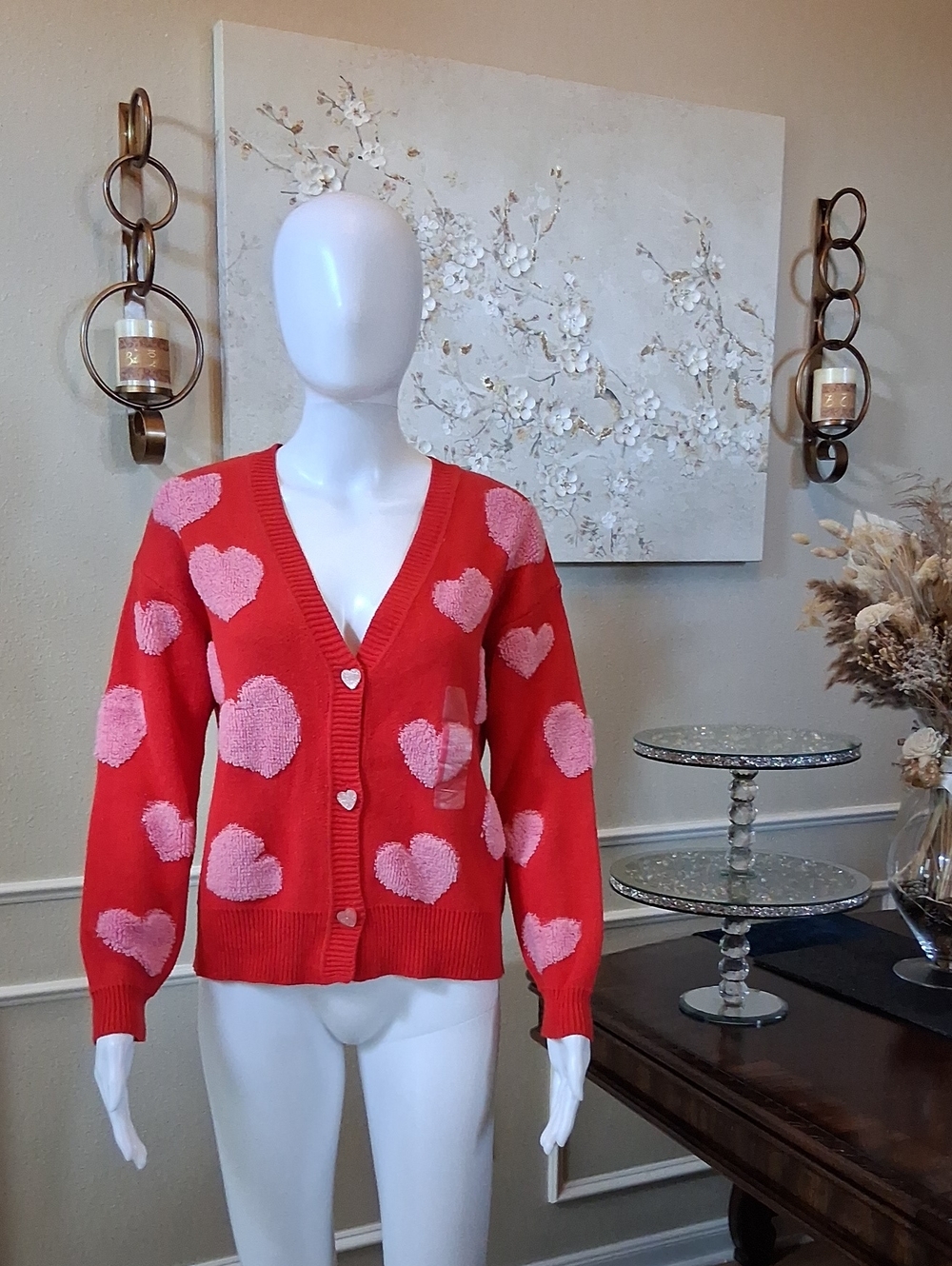 New Women's Heart Print V-neck Red And Pink Oversize Knit Glam Cardigan XXS - Picture 6 of 17
